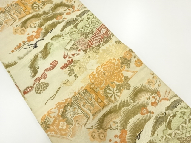 アンティーク　貝桶に鶴模様織出し丸帯（材料）